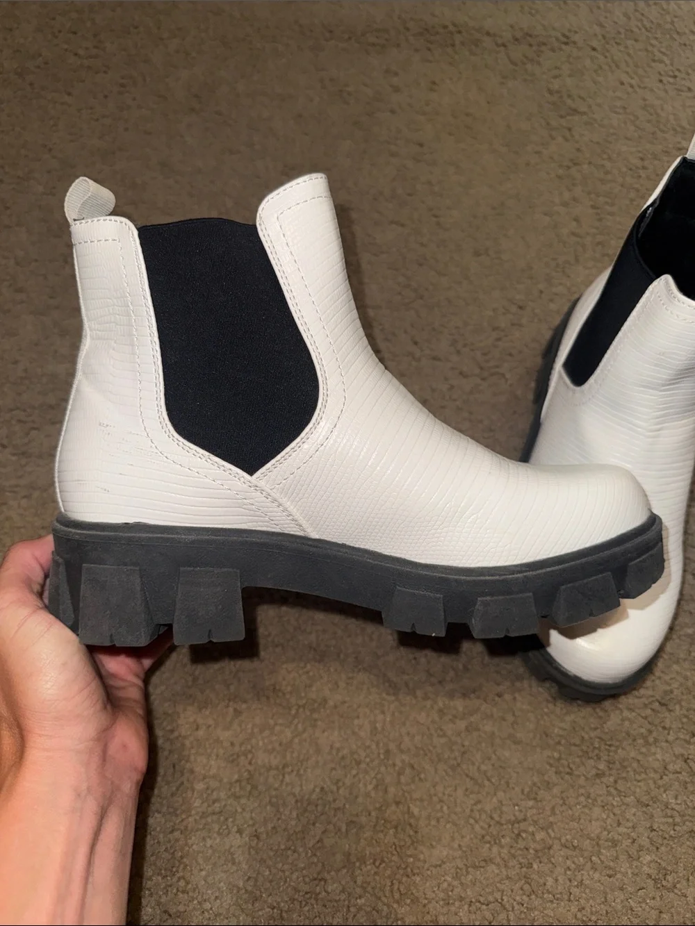 TC White Chunky Chelsea Ankle Boots with Black Elastic Panels